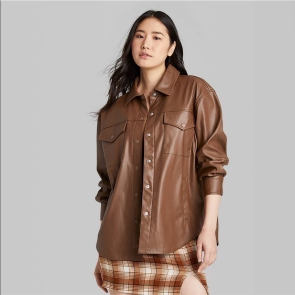 Faux Leather Shirt Jacket Brown Size S